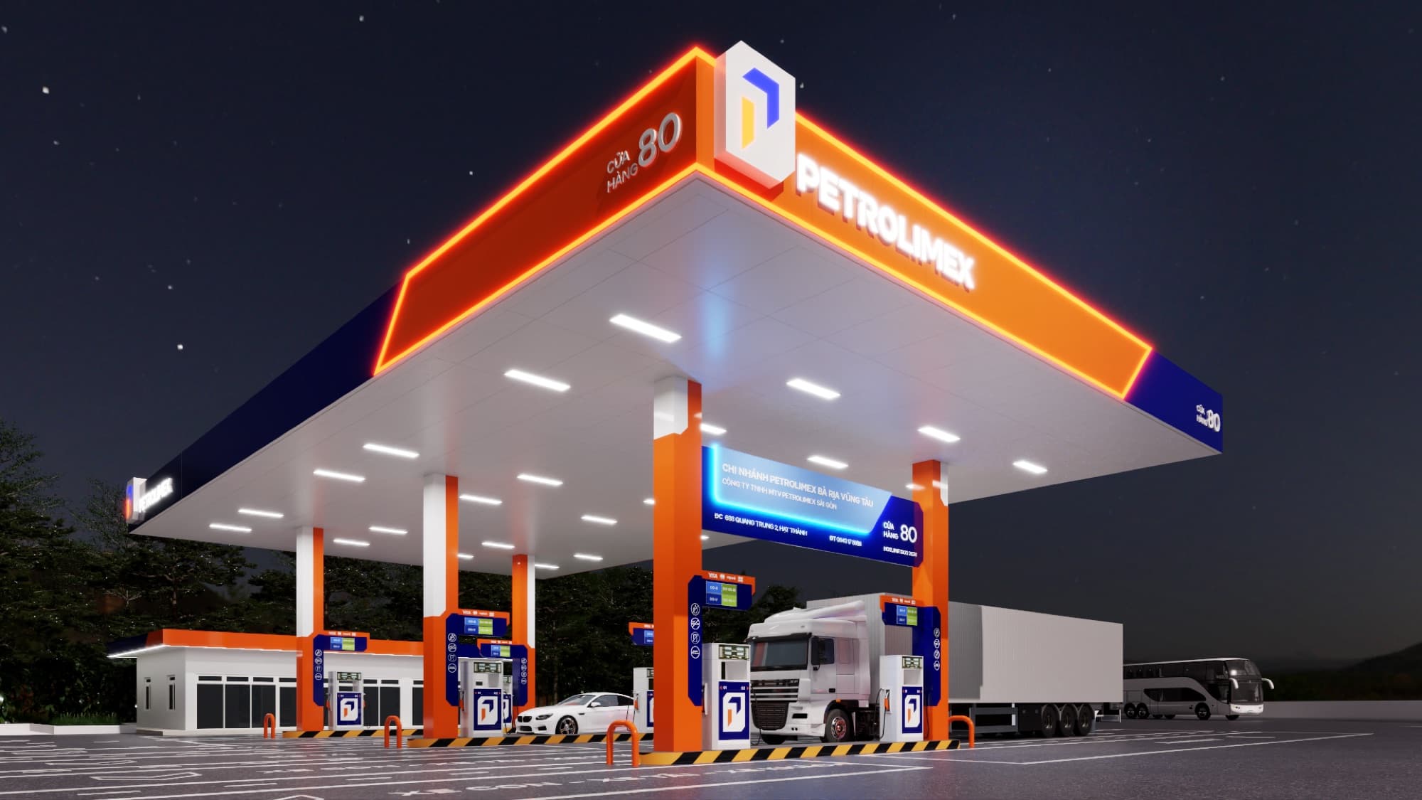 Cửa hàng xăng dầu Petrolimex theo bộ nhận diện mới về đêm
